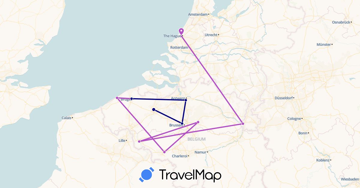 TravelMap itinerary: driving, train in Belgium, Netherlands (Europe)